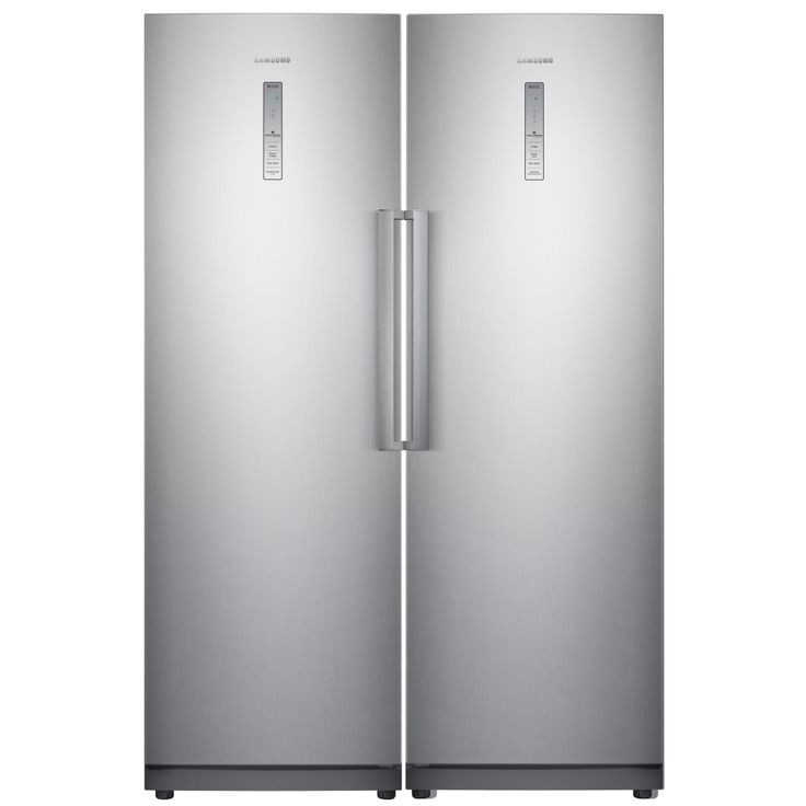 a large silver refrigerator freezer sitting next to each other on a white background with the door open