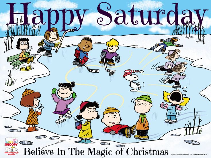 a christmas card with the words happy saturday and cartoon characters in front of a pond