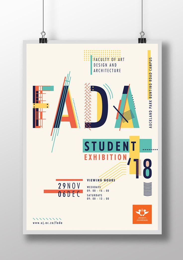 a poster hanging on the wall that says fada student exhibition, with an abstract design