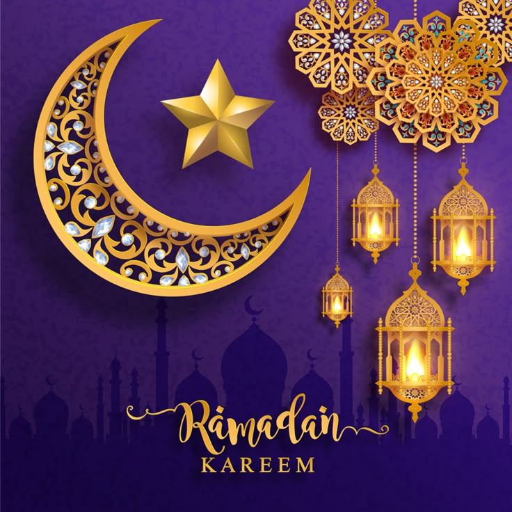 rama kareem greeting card with hanging lanterns and golden crescent moon on purple background