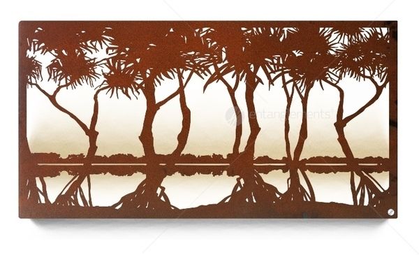 a metal wall hanging with trees reflecting in water