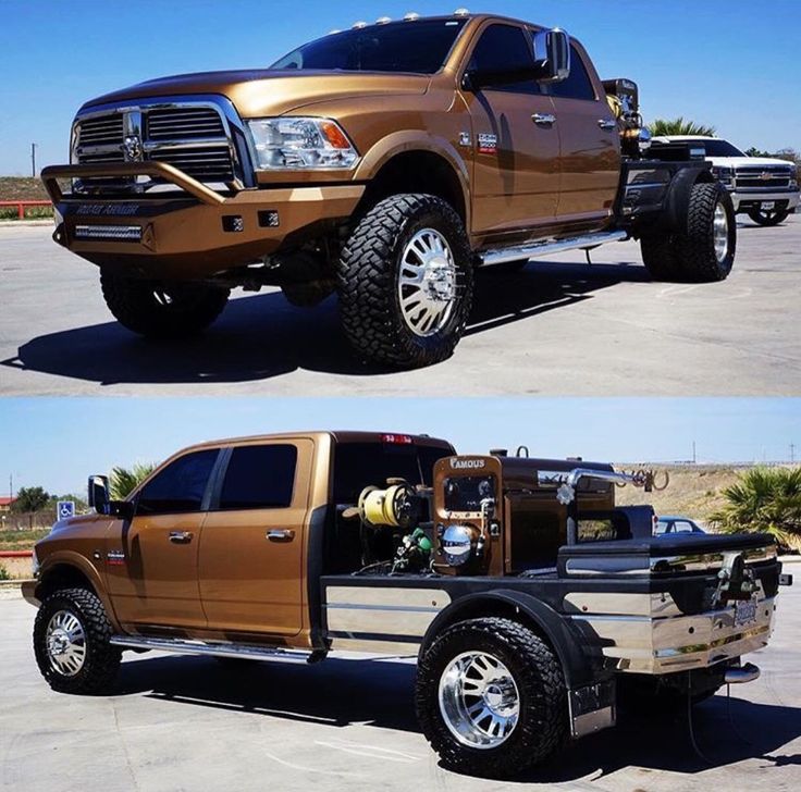 two pictures of the front and back of a brown truck with chrome rims on it