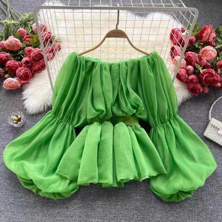 Lantern sleeve, fashionable, versatile, off shoulder, waist lotus leaf chiffon shirtMaterial:chiffonColor:white,black,rose red,green,yellow,blueStyle:stylishFeatures:lantern sleeve,lotus leaf neckSize:(cm):free,1inch=2.54cm,1cm=0.39inchlength:51,bust:100,waist:60-90,sleeve:51&ltp&gtNote:Due to different measurement methods,there will be 1-3 error(unite:cm), please understand.</p>&ltbr/>&ltp&gtPlease check the size carefully when you choose items,thank you.</p>& Big Lantern, Flare Effect, Multi Color Blouse, Green Yellow Blue, Pleated Top, Puff Long Sleeves, Dress Shorts, Lotus Leaf, Women Long Sleeve Tops