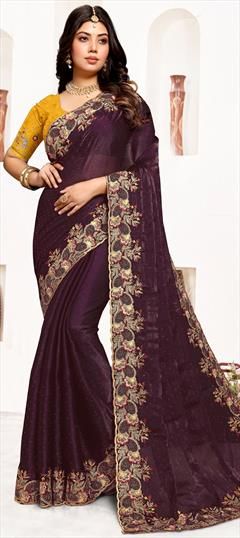 Purple and Violet color Saree in Satin Silk fabric with Embroidered, Resham, Sequence work Embroidered Marriage Dupatta In Traditional Drape, Embroidered Dupatta For Marriage In Traditional Drape, Embroidered Dupatta For Marriage, Purple Traditional Wear With Embroidered Border For Wedding, Embroidered Traditional Drape For Marriage, Purple Pre-draped Saree With Resham Embroidery In Dola Silk, Purple Embroidered Border Dupatta For Wedding, Purple Embroidered Wedding Dupatta, Purple Embroidered Fabric Saree For Celebration