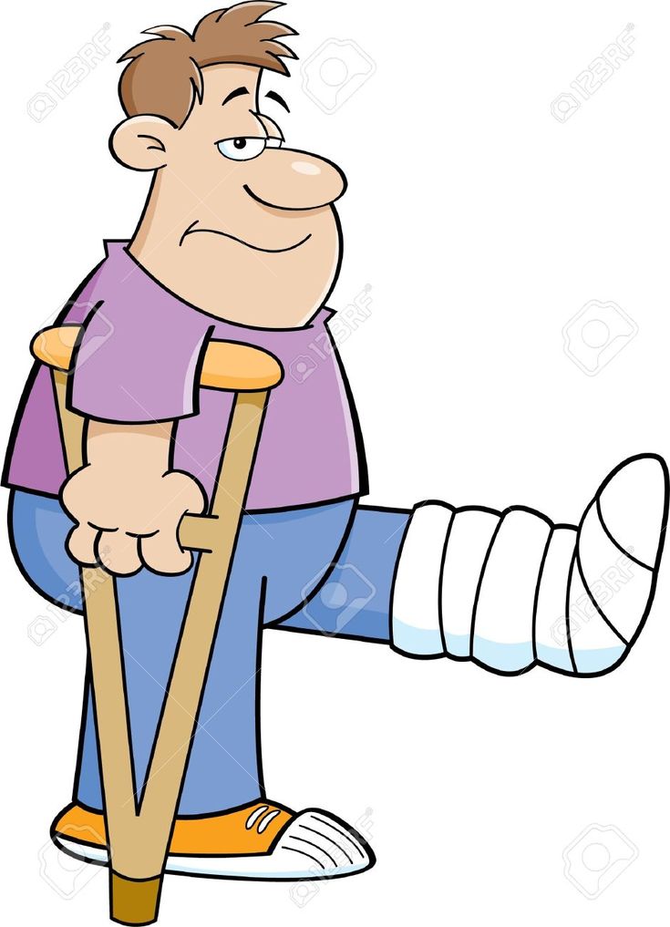 a cartoon man with an injured leg and crutches sitting on the ground stock photo