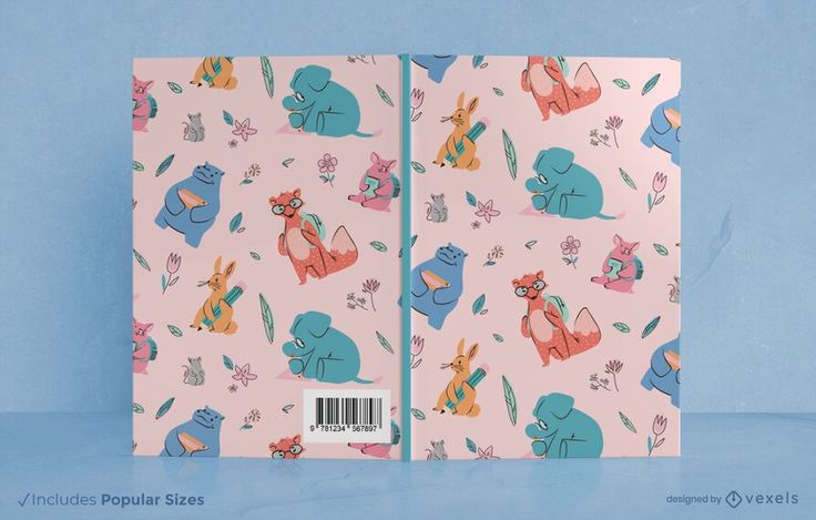 the back side of a pink notebook with blue and orange animals on it's cover