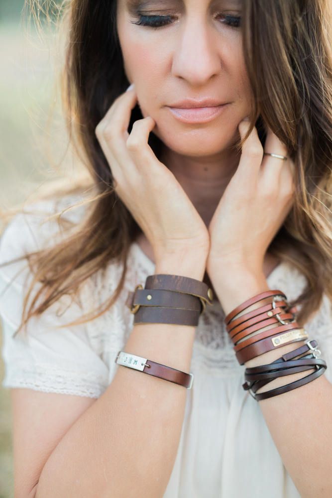 "Leather wrap personalized bracelet featuring a nickel-plated oblong oval shape hammered and oxidized for a vintage, worn feel. Inspired by the stye of Joanna Gaines, my favorite DIY'er! An optional personalized pewter charm dangles from the clasp for a surprise element of interest. This can be worn two ways for two different looks! Wear it with the charm featured on the front of the wrist or flip it around and feature the hammered oval! This will quickly become a staple in your wardrobe, as it Gaines Fixer Upper, Bracelet Inspired, Personalized Leather Bracelet, Art Jewelry Design, Hidden Message, Custom Bracelet, Personalized Bracelet, Custom Charms, Wrap Bracelets