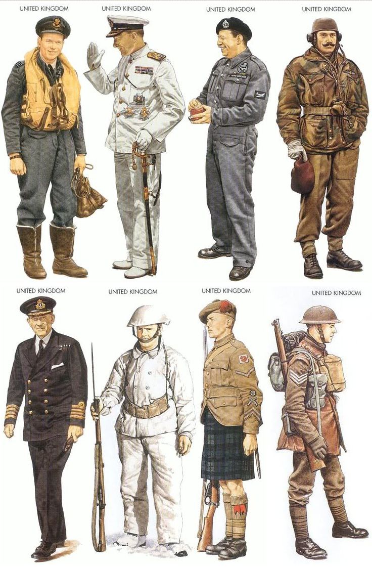 A range of uniforms worn by British (and colonies) during WWII. British Army Uniform, Wwii Uniforms, Ww2 Uniforms, British Uniforms, Leyte, Army Uniform, British History, Military Art, British Army