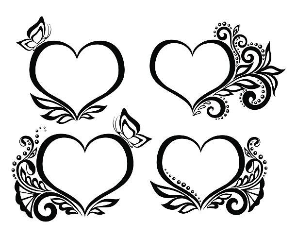 four hearts with swirls and leaves