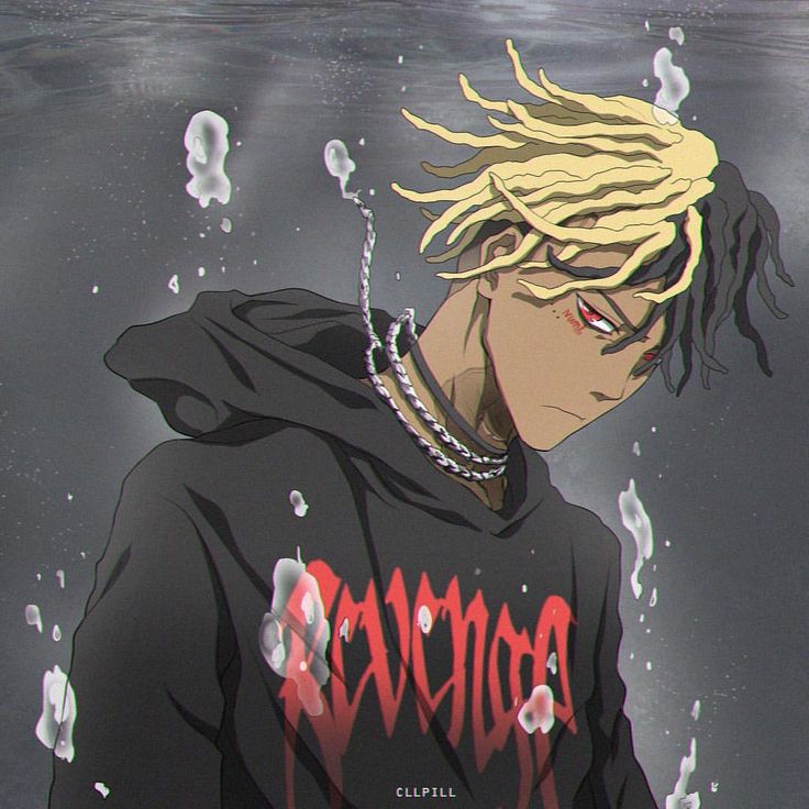 a man with blonde hair standing in the water wearing a black hoodie and chain around his neck