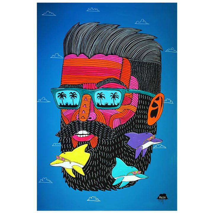 a painting of a man wearing glasses and a beard with fish around his neck on a blue background