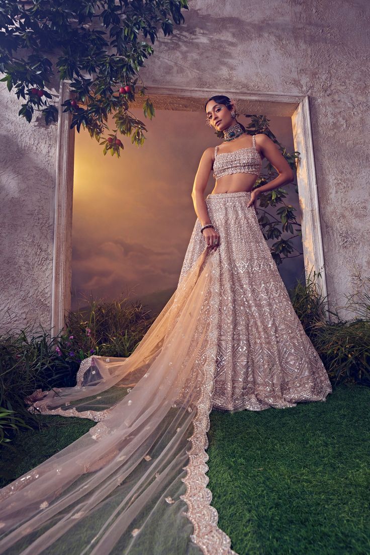 Featuring a taupe organza lehenga embroidered fully by hand with various ornamental sequences ,Japanese bugle beads and stones. It is paired with a tulle scallop dupatta and a stylised blouse.From Aneesh Agarwaal's Ellora collection.DELIVERY TIMEPlease allow 8-12 weeks for your outfit to arrive.FABRIC DETAILSOrganzaProfessional cleaning only. Festive Embellished Beige Sharara, Festive Beige Embellished Sharara, Traditional Embellished Beige Lehenga, Bollywood Style Embellished Beige Lehenga, Glamorous Organza Gown With Dupatta, Embellished Beige Sharara For Reception, Festive Beige Choli With Sheer Dupatta, Party Beige Choli With Dupatta, Wedding Embellished Tissue Silk Choli