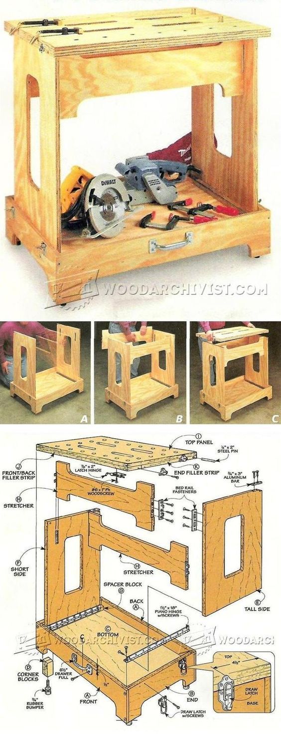 the plans for a workbench are shown in three different stages, including one being built