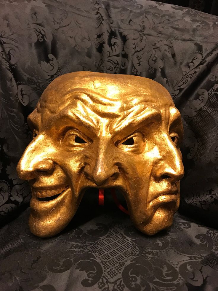 Three Faces masks for theater lovers. These masks are traditional and original papier-mache Venetian masks, handmade and decorated with gold leaf and for the withe one with a special patina and special wax. The paper mache is double and covered with gauze, to make the mask even more resistant. This mask is a piece of art. All our masks are handmade papier-machè masks made in Venice. Our decorators use techniques typical of the Venetian tradition such as stucco, acrylics, gold and silver-leaf, ma Comedy And Tragedy Masks, Jester Mask, Three Faces, Tragedy Mask, Comedy And Tragedy, Venetian Masks, Venetian Mask, The Venetian, Beautiful Mask