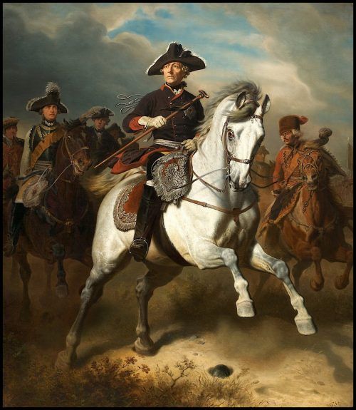 a painting of a man riding on the back of a white horse next to other men