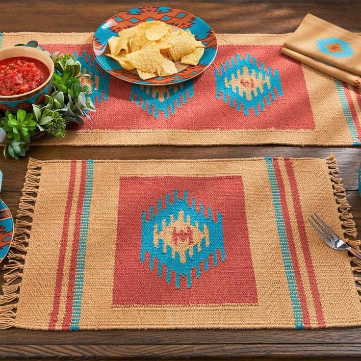 two placemats on a table with chips and salsa