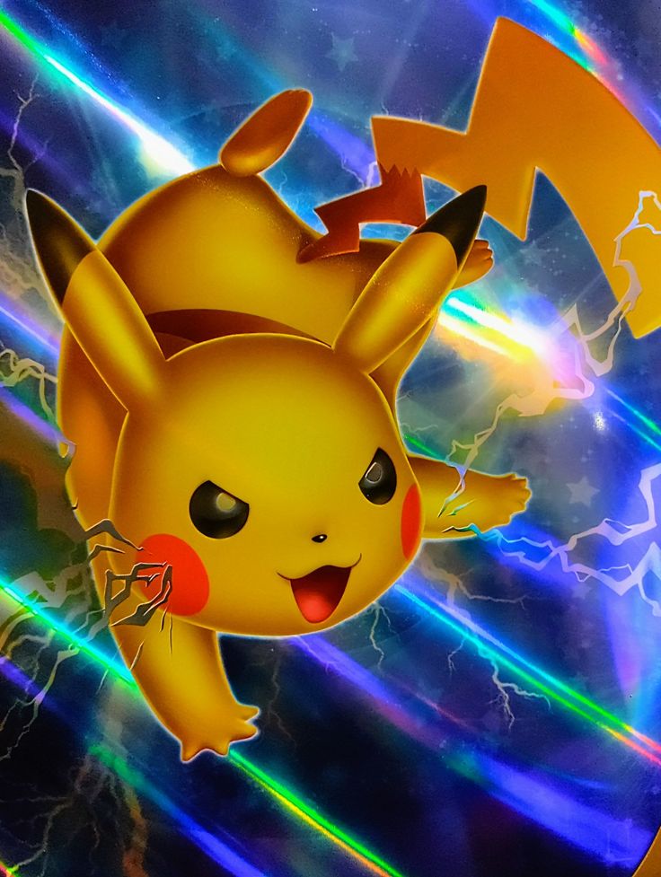 a cartoon pikachu flying through the air with lightning in the backgroud