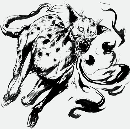 a black and white drawing of a cheetah attacking another animal