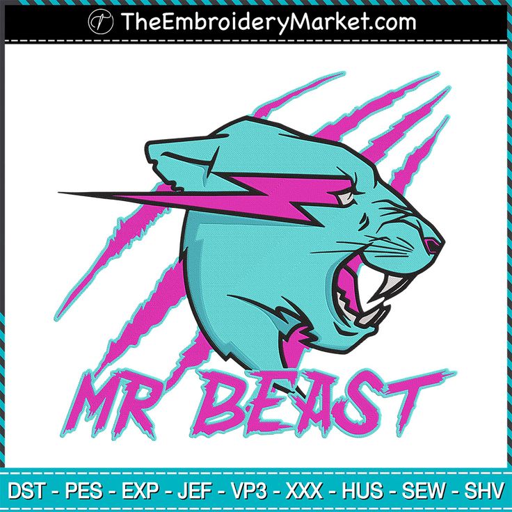 the emblem for mr beast is shown in blue and pink with an angry cat's head