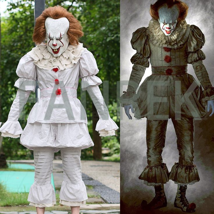 two pictures of the same clown as they appear in different costumes, one is white and the other has red hair