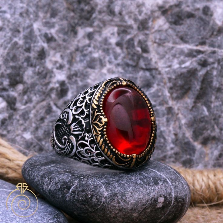 Men's red Ruby statement ring which will give you a head turning presence. This unique, vintage style, engraved 925 Sterling Silver ring has an exquisite design for the polished, refined, and distinguished man. Perfect for casual and formal events, it will make your friends envious as you walk into the room full of confidence and pride and command attention. Looking for a unique, one of a kind GIFT FOR HIM, groomsman gift, father's day gift, teacher day gift? Look no further. This cool gemstone Antique Red Signet Ring For Anniversary, Heirloom Red Signet Ring With Polished Finish, Formal Red Engraved Ring With Polished Finish, Collectible Red Rings With Polished Finish, Vintage Red Hallmarked Signet Ring, Collectible Red Engraved Ring, Red Engraved Ring For Formal Occasions, Red Engraved Ring For Formal, Antique Red Rings For Gifts