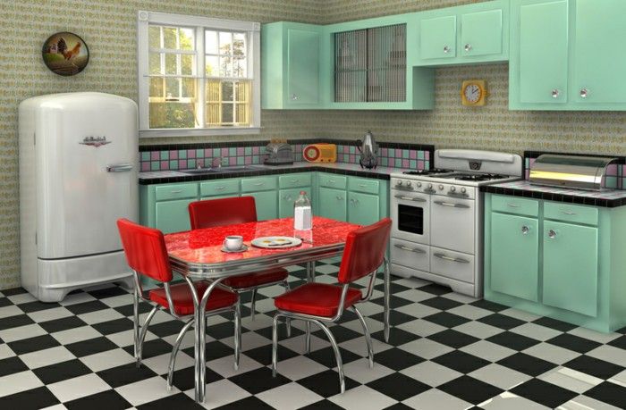 a kitchen with green cabinets and black and white checkered flooring on the floor