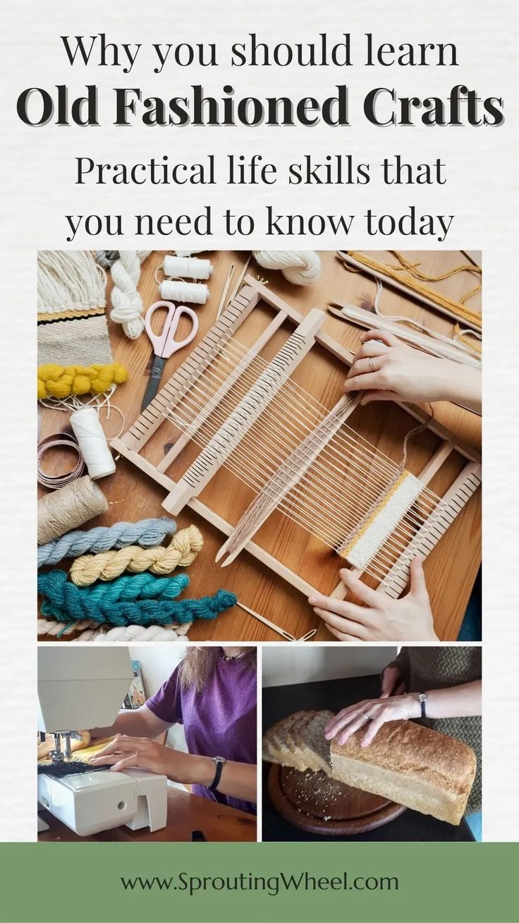 an advertisement for old fashioned crafts with images of people working on the looms and weaving them