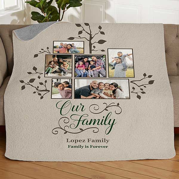 a blanket with family photos on it and the words our family is forever written in green