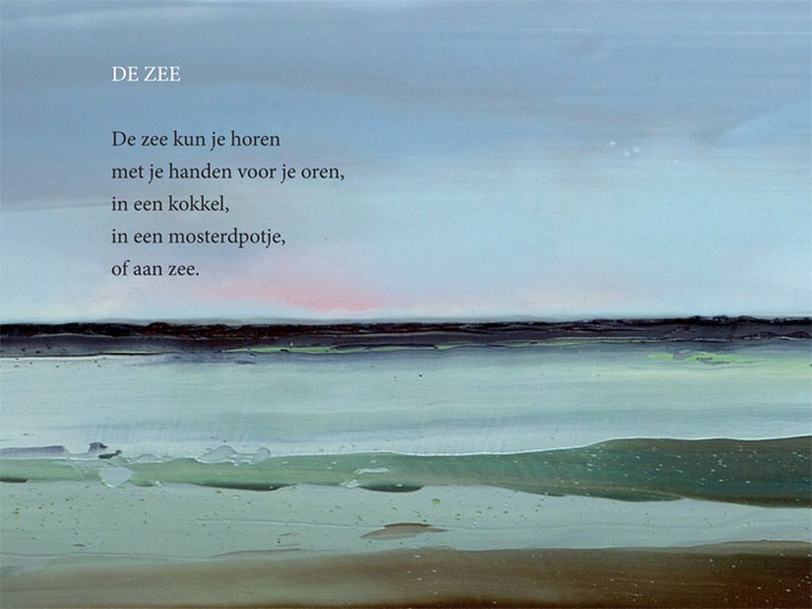 an abstract painting with a poem written in the middle and water on the bottom right side