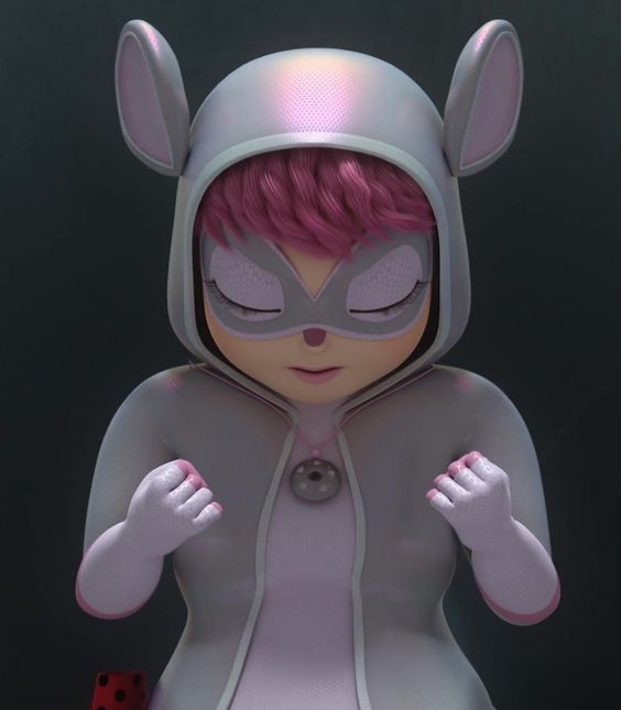 a cartoon character with pink hair wearing a bunny costume and holding a dice in her hand