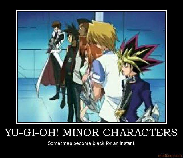 some anime characters are standing together in front of a poster that says, yu - g - oh minor character