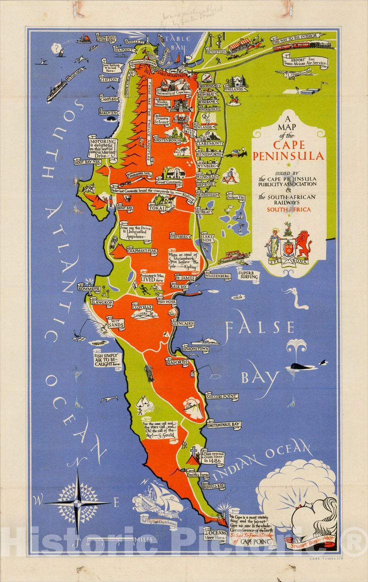 Historic Map : A Map of the Cape Peninsula. Issued by the Cape Peninsula Publicity Association & the South African Railways, 1935, , Vintage Wall Art South African Railways, Art History Major, Pictorial Maps, Historical Characters, Historical Maps, Vintage Maps, Vintage Wall, Vintage Wall Art, South African