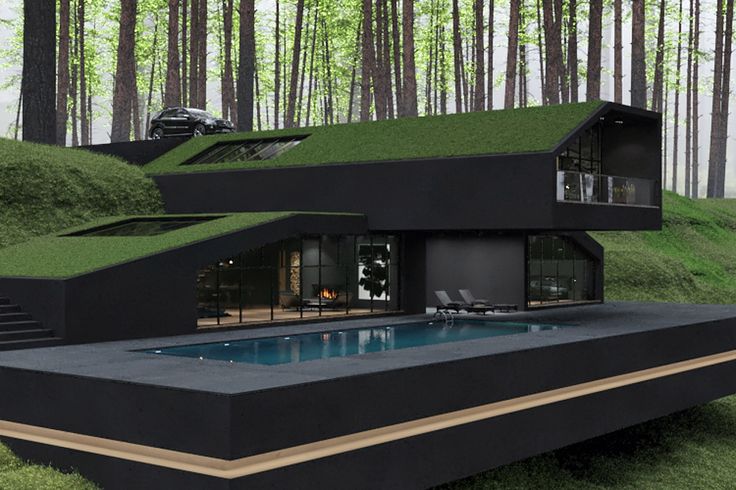 a house in the middle of a forest with grass growing on it's roof