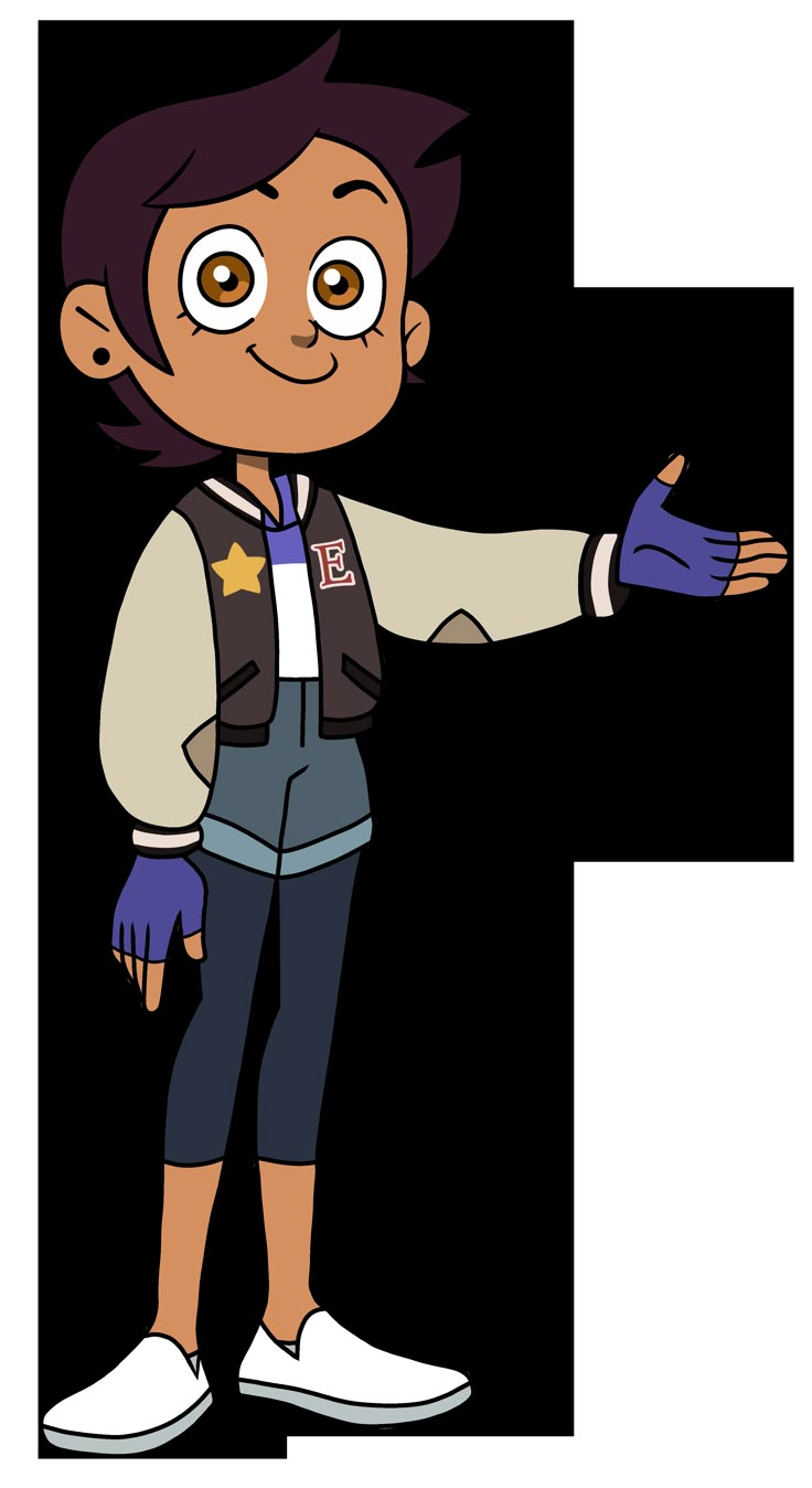 a cartoon boy with his arm out pointing to the left side and wearing blue gloves