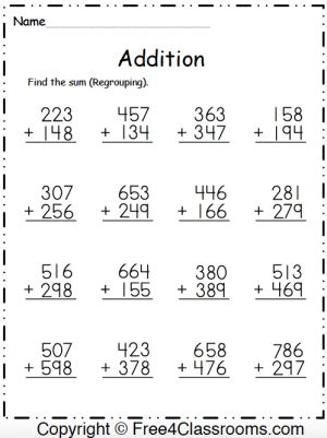 Free Addition Worksheets – 3 Digit – Without Regrouping ...