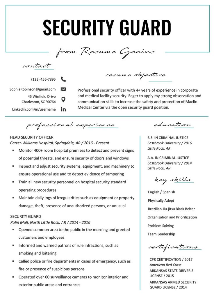 the security guard resume is shown in blue and green colors, with an additional cover letter