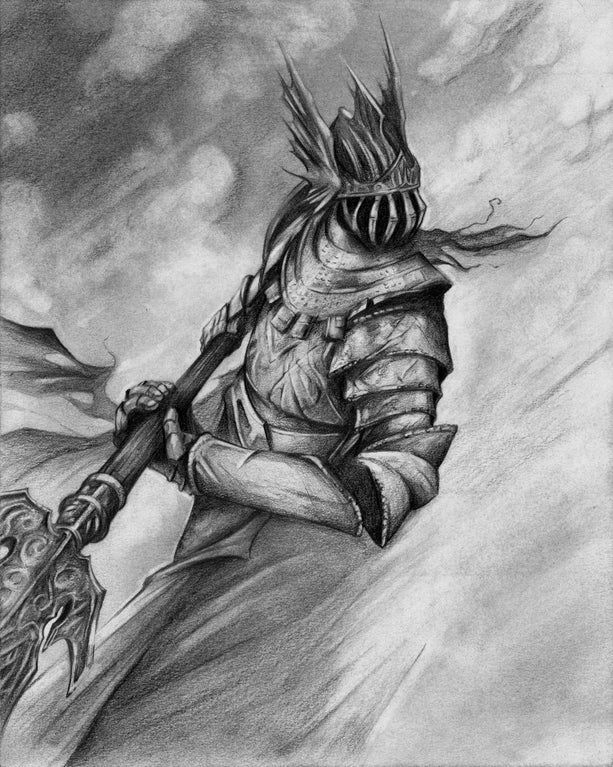 a drawing of a creature holding a spear in his hand and wearing armor with large teeth