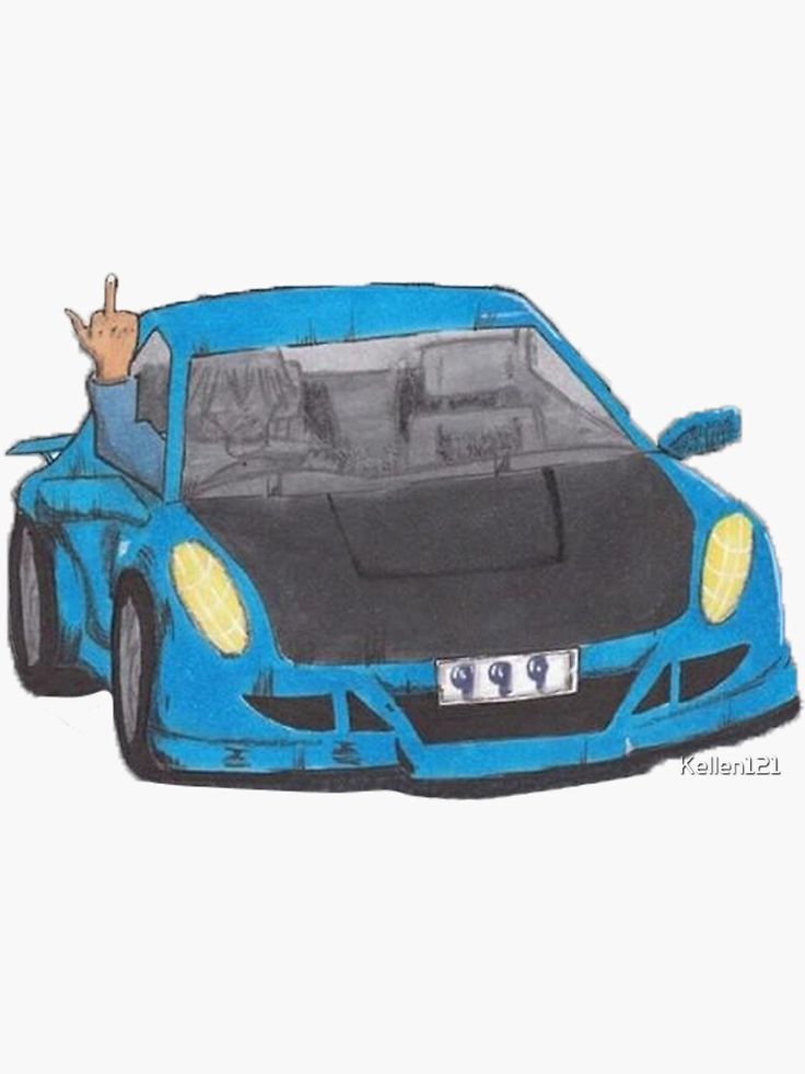 a drawing of a blue sports car with the hood up and hands in the air