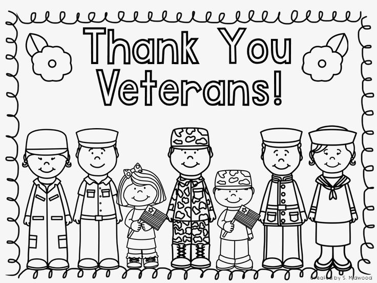 a coloring page with the words thank you veterans and two children standing in front of them