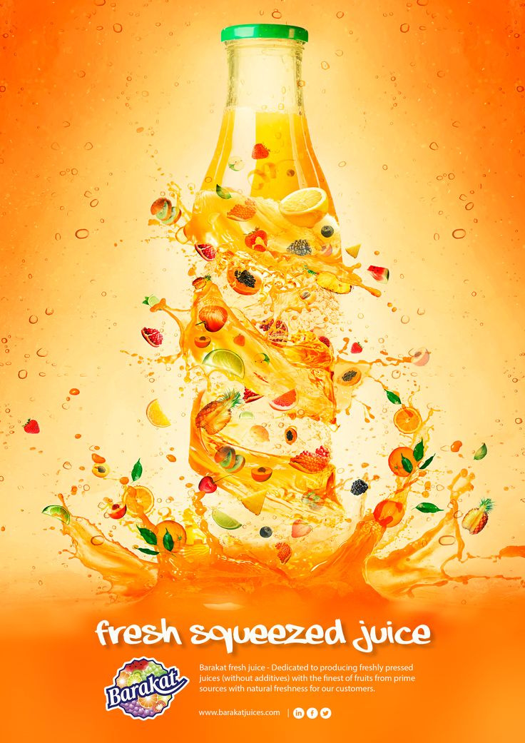 a bottle of orange juice with splashing liquid on the top and bottom, in front of an orange background