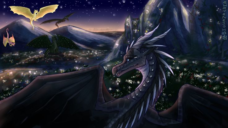 a dragon flying in the night sky over a mountain range with stars and lights on it