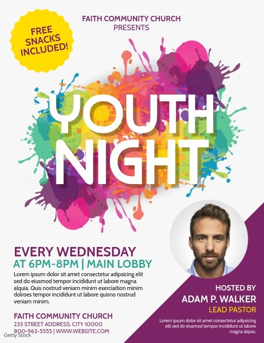 a flyer for youth night with an image of a man's face on it