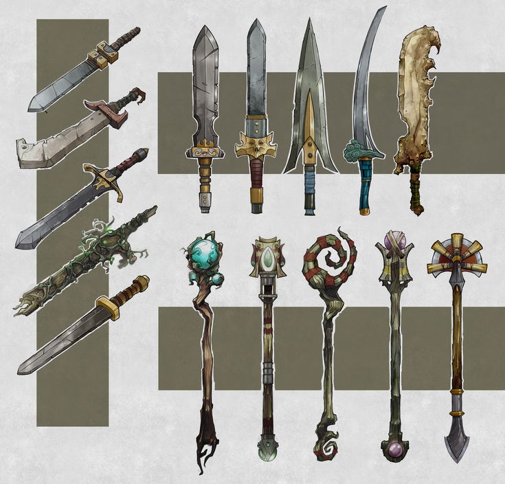 a bunch of different types of knives and swords