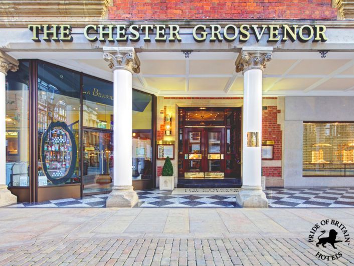 the chester grosvendor store front with columns and windows on either side of it