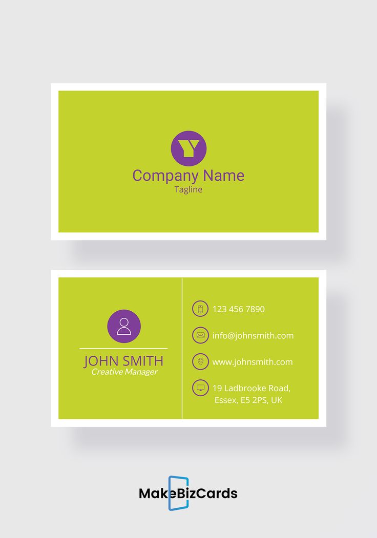 a business card with a purple and green logo on the front, and an image of a