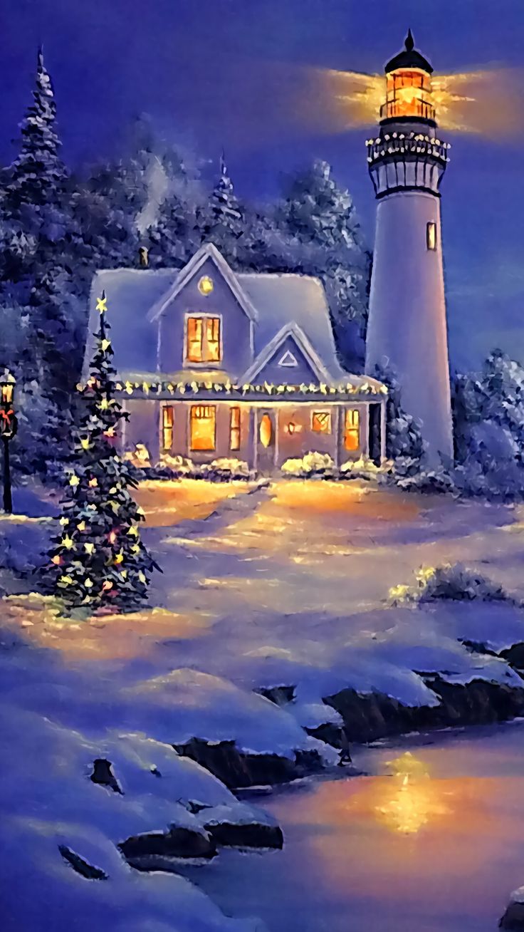 a painting of a lighthouse in the snow with christmas lights on it's windows