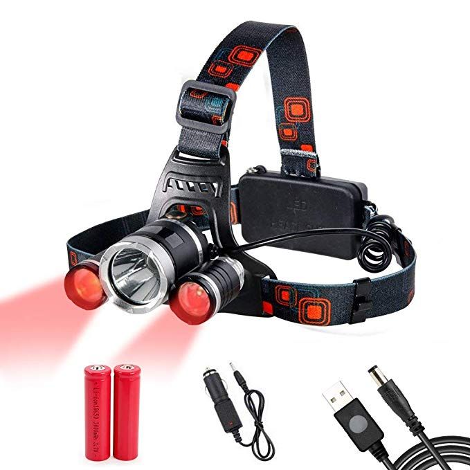 the headlamp has two red lights on it and is attached to an external charger