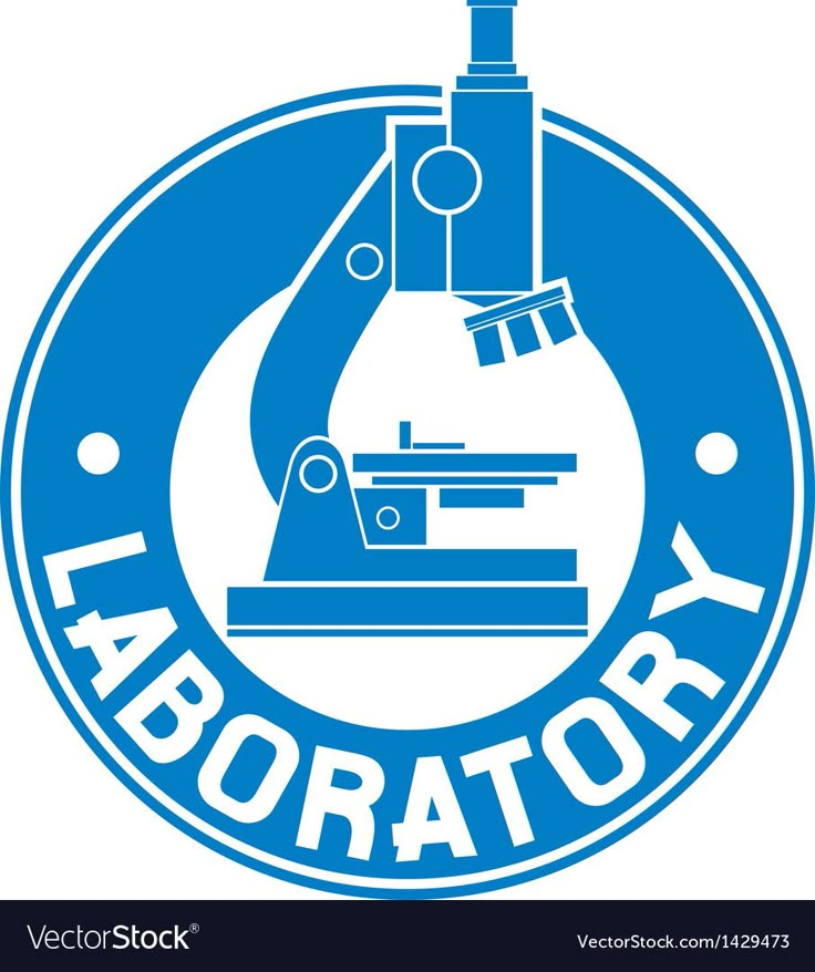 laboratory logo with microscope and flasks in blue circle on white background stock photo