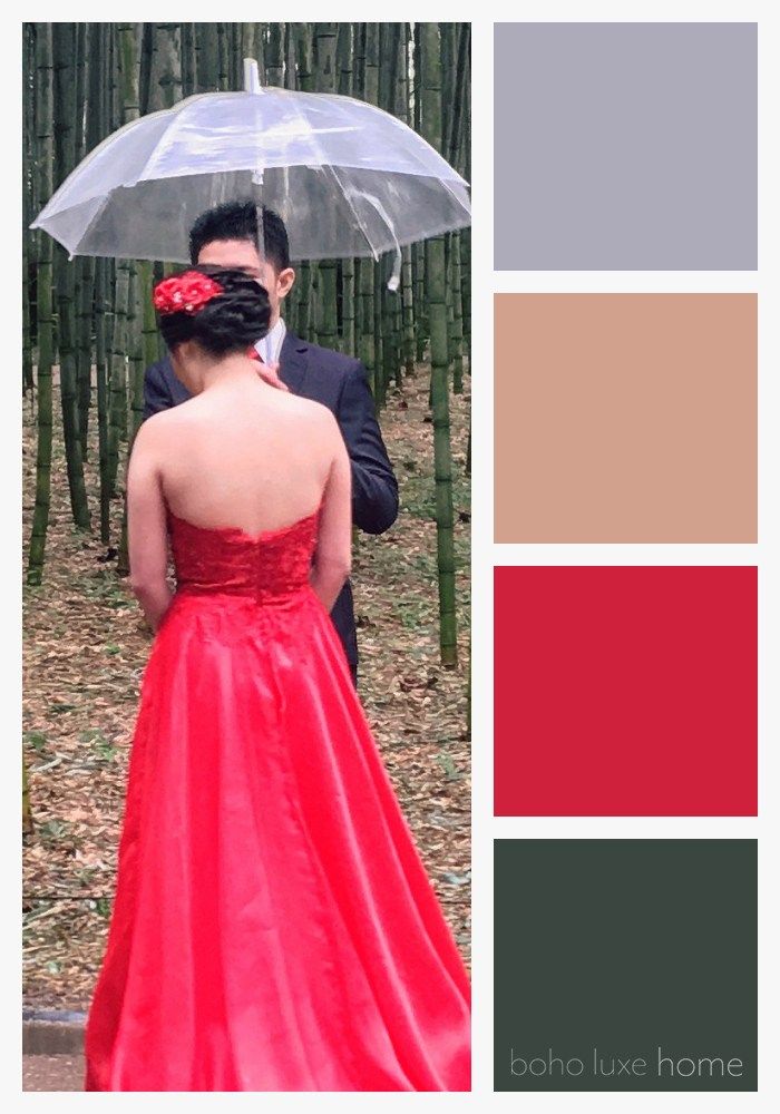 a man and woman standing under an umbrella in the woods with color swatches on them