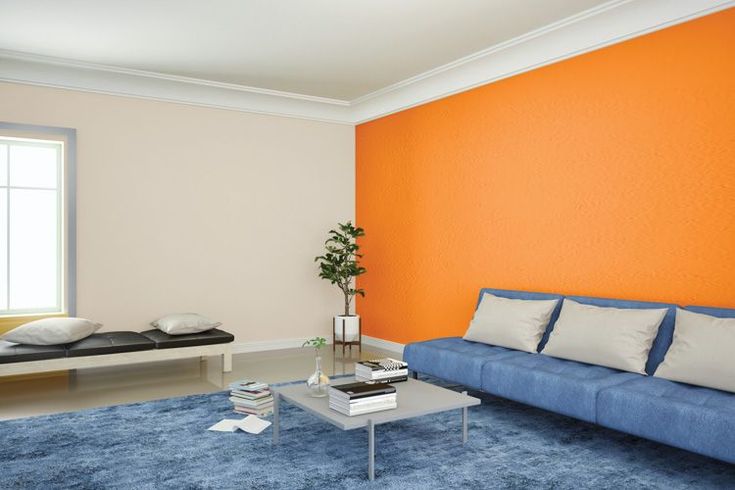 a living room with an orange wall and blue carpeted area rugs on the floor